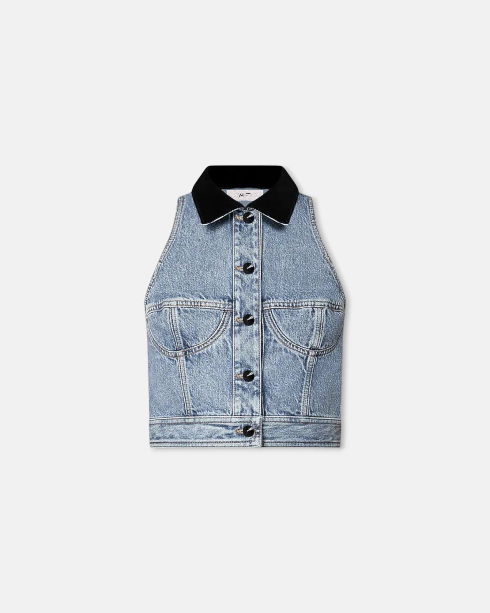 Denim Cropped Black Collar Vest